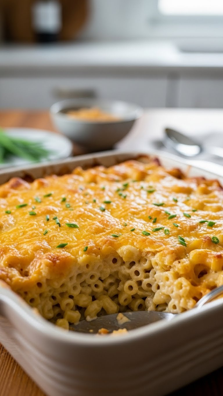 Eye-Level Close-Up Of Rich No-Boil Creamy Mac And Cheese Bake With Golden Toasted Crust And Bubbly Cheese Topping.