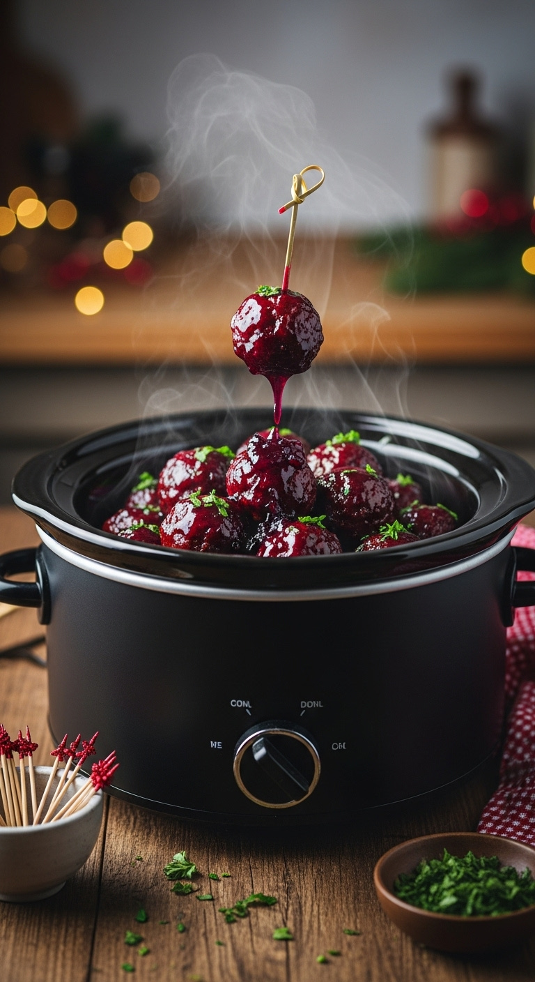 Eye-Level Close-Up Of Slow Cooker Grape Jelly Meatballs With One Lifted On A Festive Toothpick, Steaming, On A Rustic Wood Table