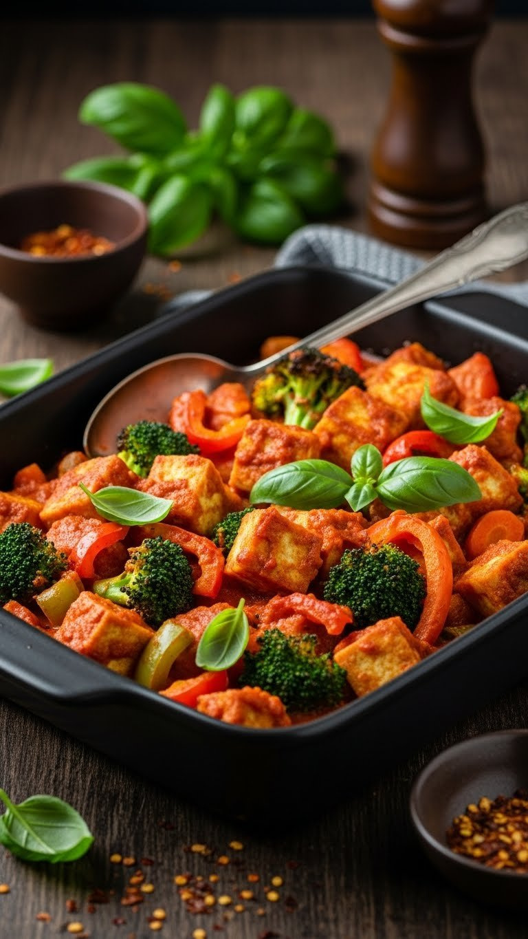 Eye-Level Close-Up Of Spicy Baked Tofu Vegetable Curry With Reddish-Orange Sauce In Dark Ceramic Dish