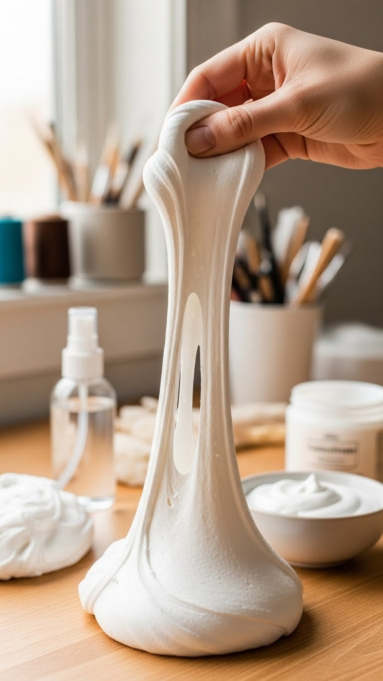 Eye-Level Close-Up Of Stiff Baking Soda Slime Being Pulled Apart With Lotion Container Visible In Background
