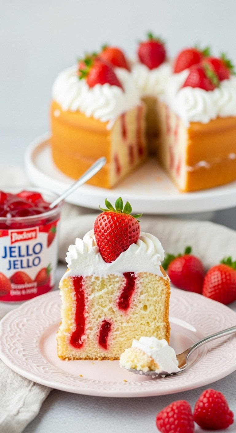 Eye-Level Close-Up Of Strawberry Jello Poke Cake Slice With Vibrant Red Streaks, Whipped Cream, And Fresh Strawberry.