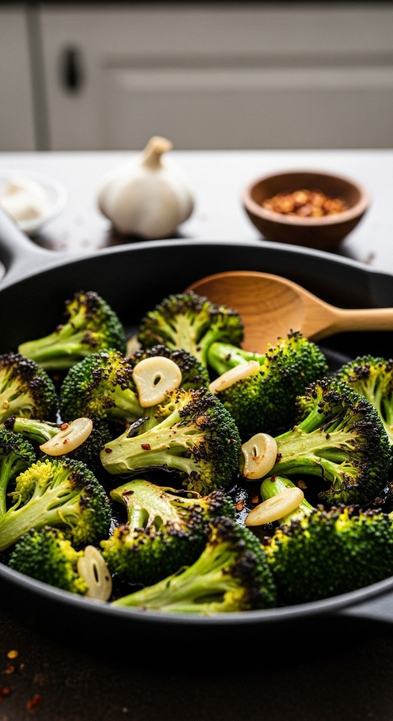 Eye-Level Close-Up Of Tender-Charred Sautéed Broccoli And Garlic Glistening In A Black Cast-Iron Skillet With A Wooden Spoon.