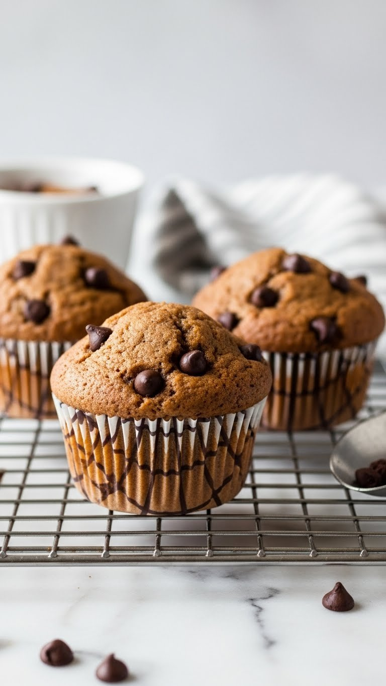 Eye-Level Close-Up Of Three Perfect Domed Chocolate Chip Muffins In Patterned Liners, Soft Crumb, On Cooling Rack, Bright Daylight.