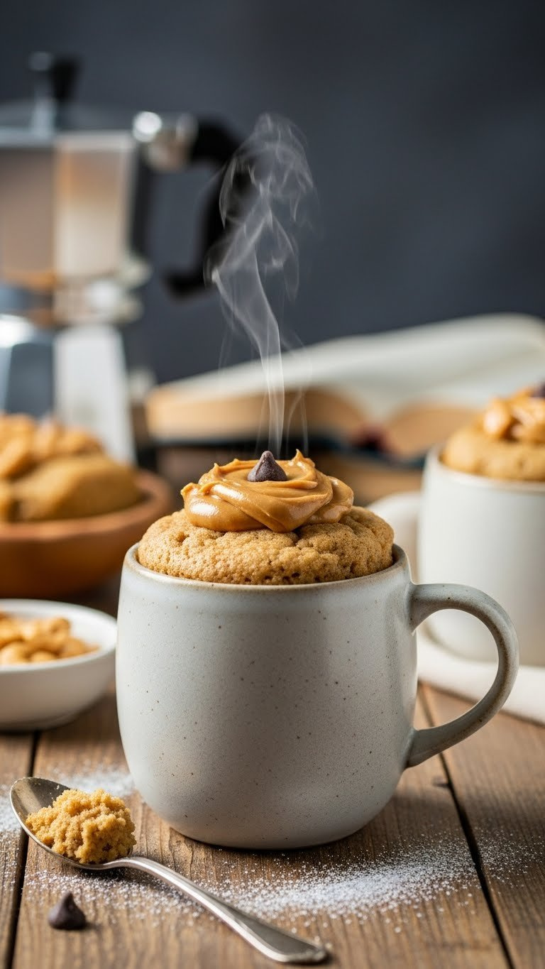 Eye-Level Close-Up Of Warm Peanut Butter Mug Cake, Melted Peanut Butter, Chocolate Chip, Steam, Rustic Table.