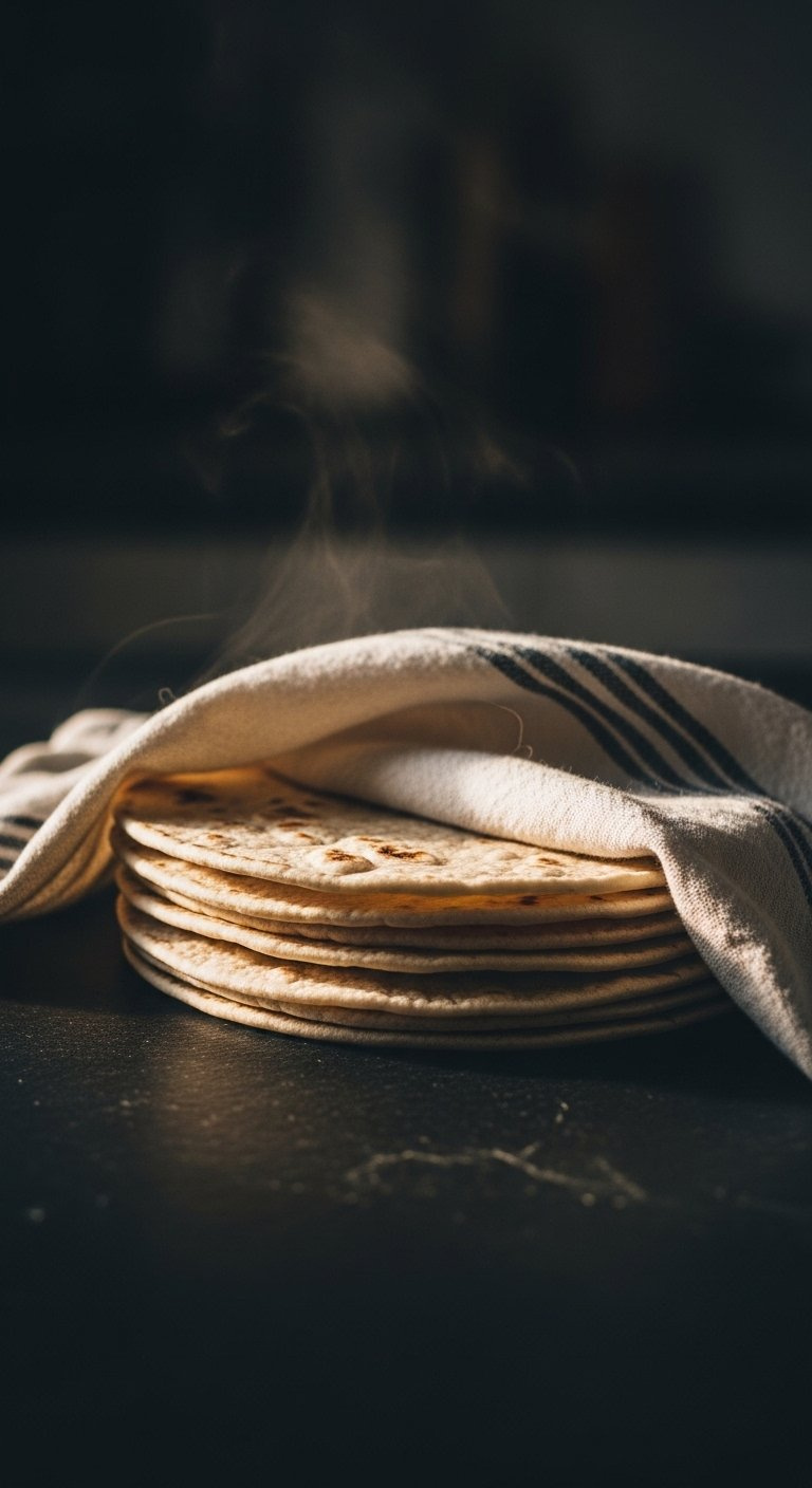 Eye-Level Close-Up Of Warm Tortillas Wrapped In A Kitchen Towel On A Dark Slate Countertop.