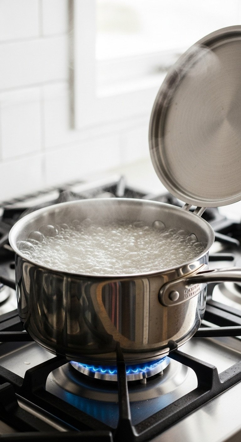 Eye-Level Close-Up Of White Rice Cooking At A Rolling Boil In A Stainless Steel Saucepan On A Lit Gas Stove Burner.