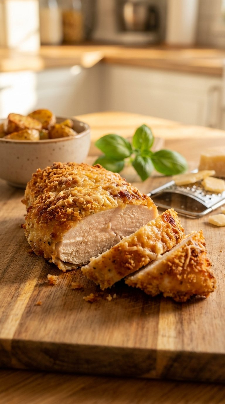 Eye-Level Macro Shot Of Crispy Parmesan Crusted Chicken Breast With Golden Brown Crust On Rustic Wooden Cutting Board