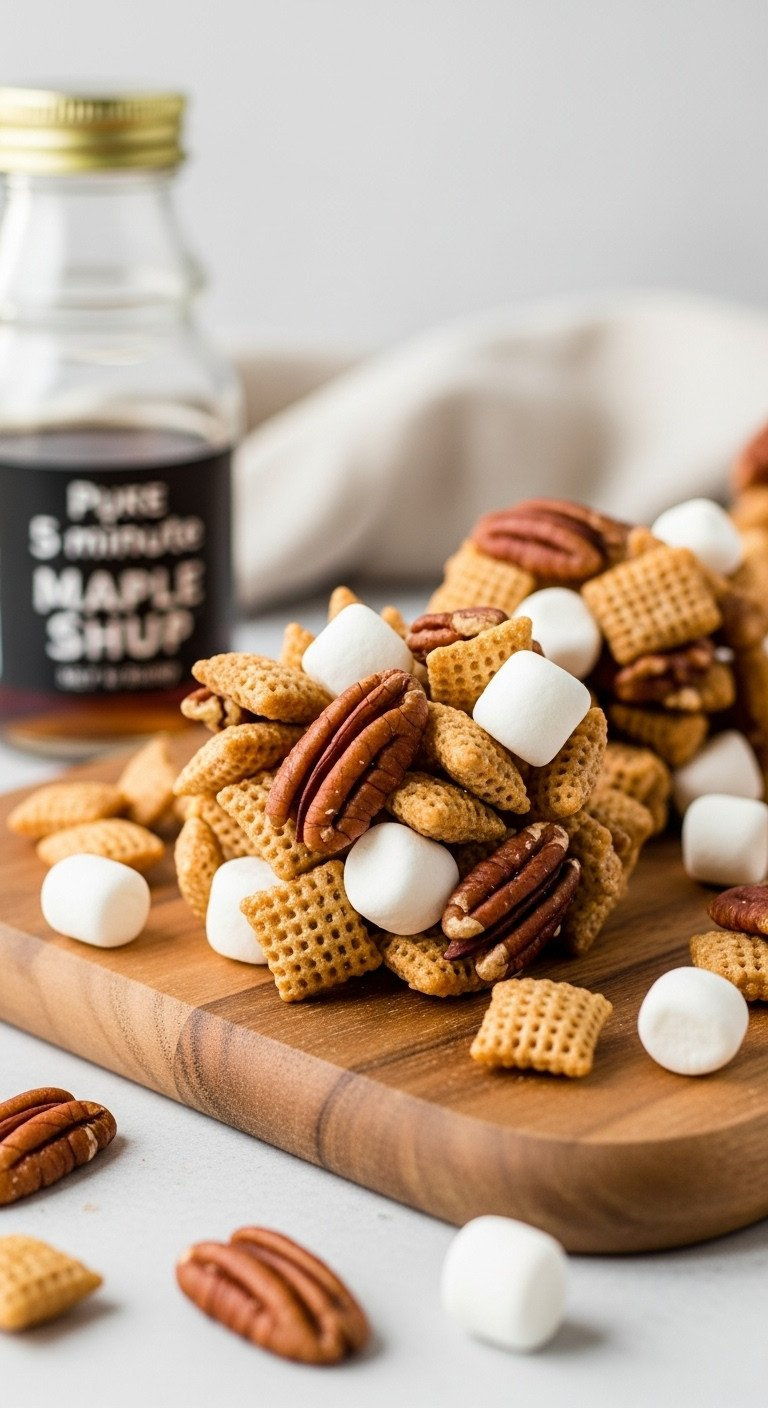 Eye-Level Maple Pecan No-Bake Chex Mix, Glazed Cereal, Marshmallows, Whole Pecans On Wood Board. Bright And Fresh.