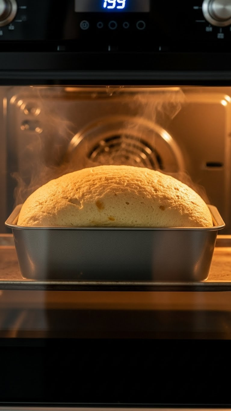 Eye-Level Shot Of A Rising Cake Baking In An Oven, Showing Golden-Brown Edges. Warm Light, Homey Kitchen Atmosphere.