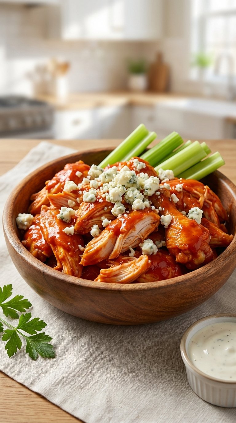 Eye-Level Shot Of Baked Buffalo Chicken With Celery Sticks And Blue Cheese Crumbles In Wooden Bowl