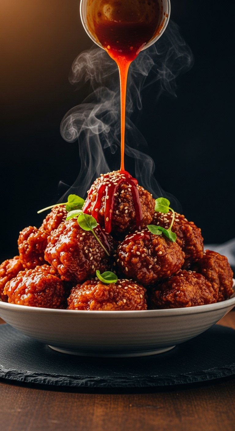 Eye-Level Shot Of Glossy Red Sauce Being Drizzled Over Crispy Golden-Brown Air Fried Chicken.