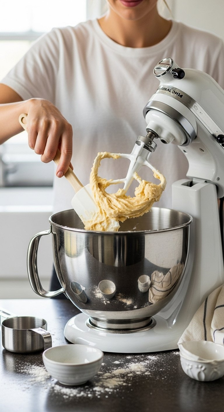 Eye-Level Shot Of Mixing Dry Ingredients Into Wet Cookie Dough In A Stainless Steel Stand Mixer Bowl.
