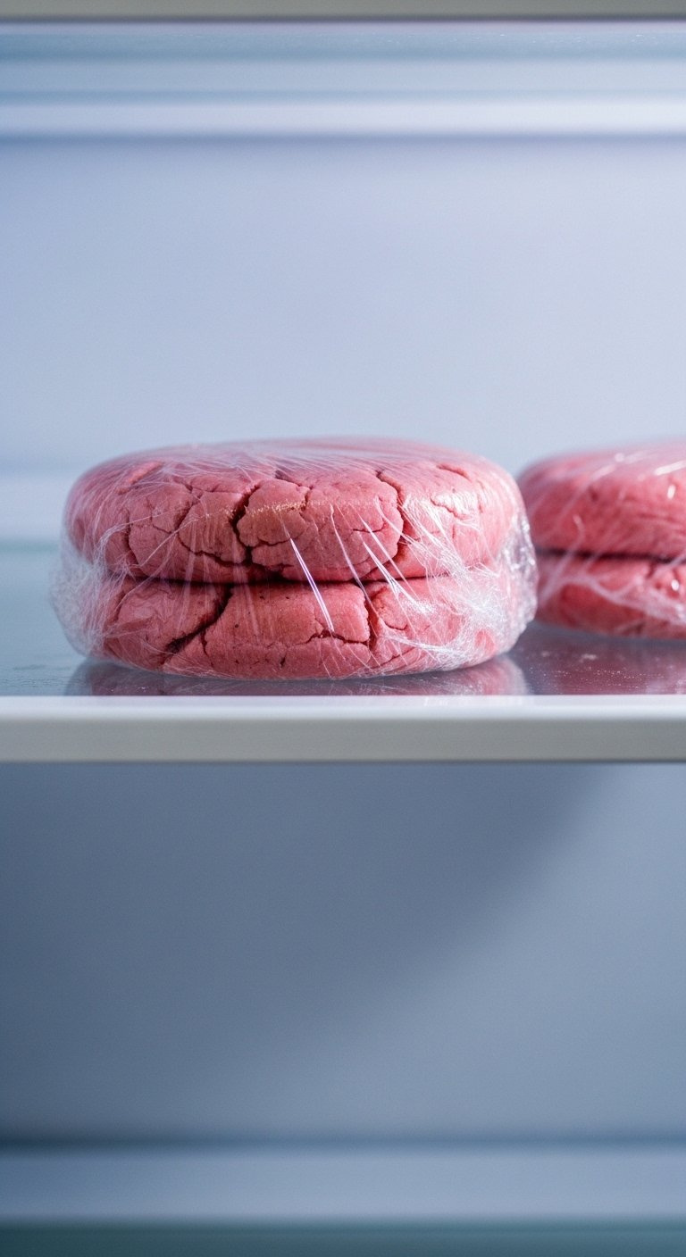 Eye-Level Shot Of Pink Cookie Dough Discs Wrapped In Plastic Resting Inside A Modern Refrigerator.