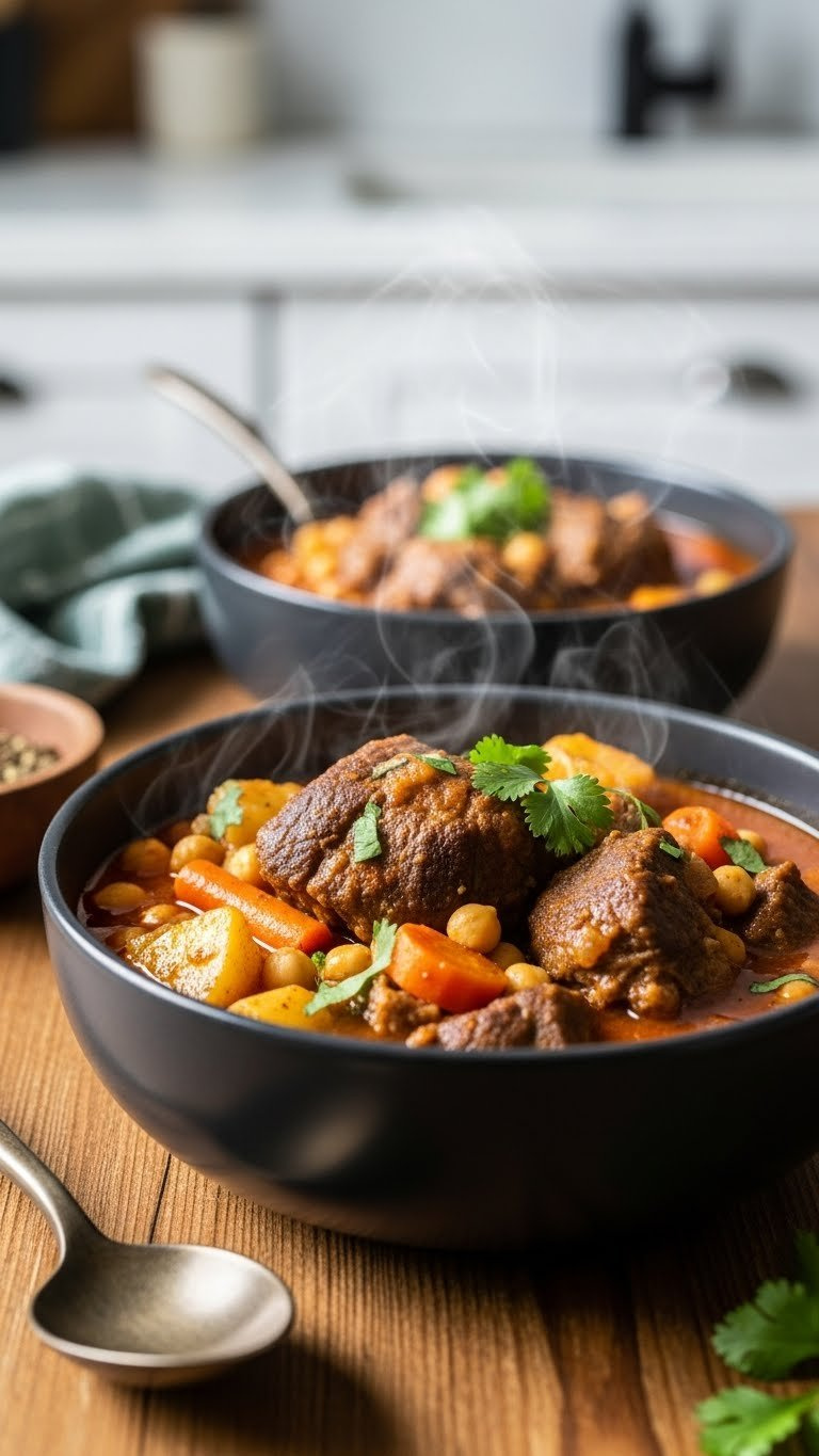 Eye-Level Shot Of Savory Instant Pot Lamb Stew With Tender Chunks Of Lamb, Vibrant Vegetables, Chickpeas, And Fresh Cilantro, On A Rustic Table.