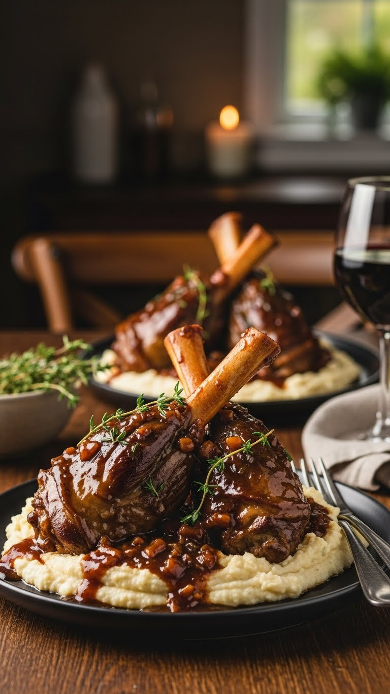 Eye-Level Shot Of Succulent Instant Pot Lamb Shanks With Rich Gravy On Mashed Potatoes, Garnished With Thyme, On A Rustic Table.