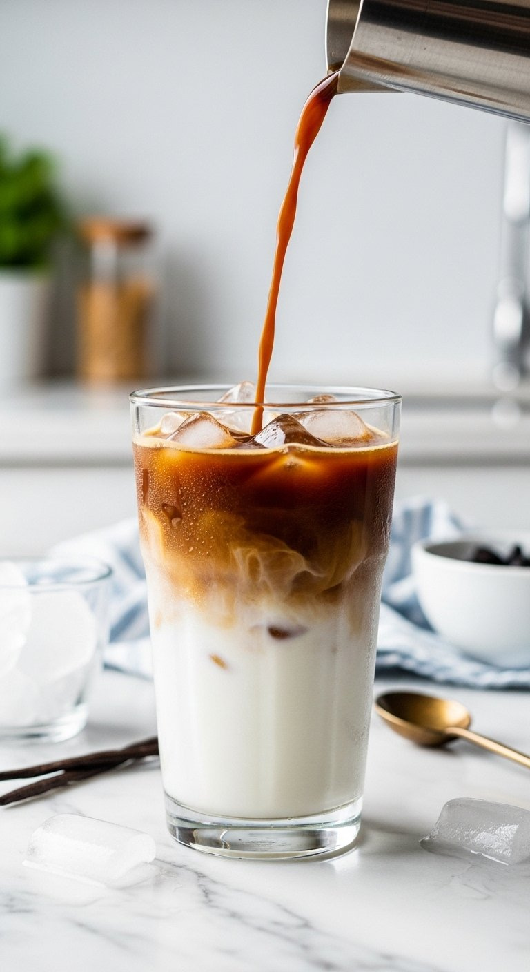 Eye-Level Shot Of Sweet Vanilla Milk Layering Beautifully Over Ice In A Tall Glass On A Clean Marble Countertop With Natural Daylight.