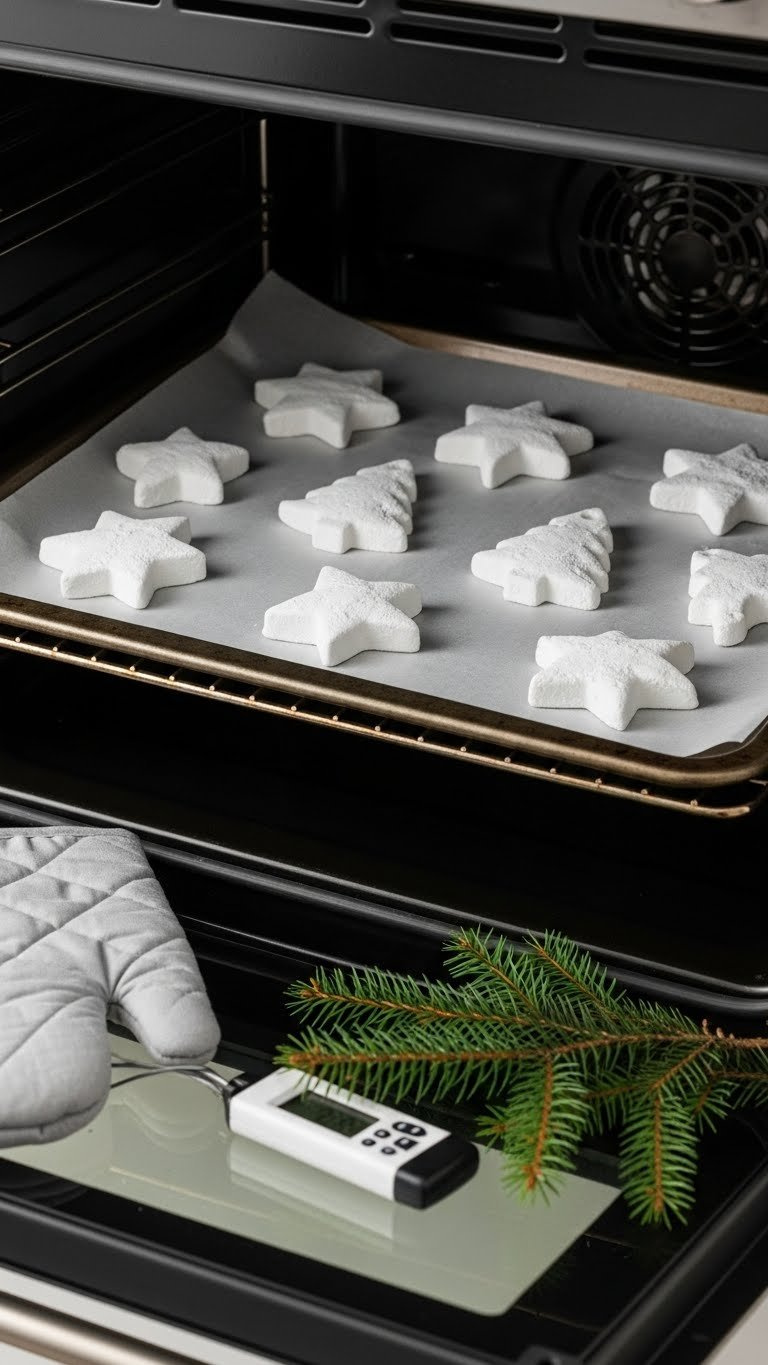 Eye-Level Shot Through Oven Door Showing Baking Sheet Filled With White Baking Soda Ornaments Ready For Drying