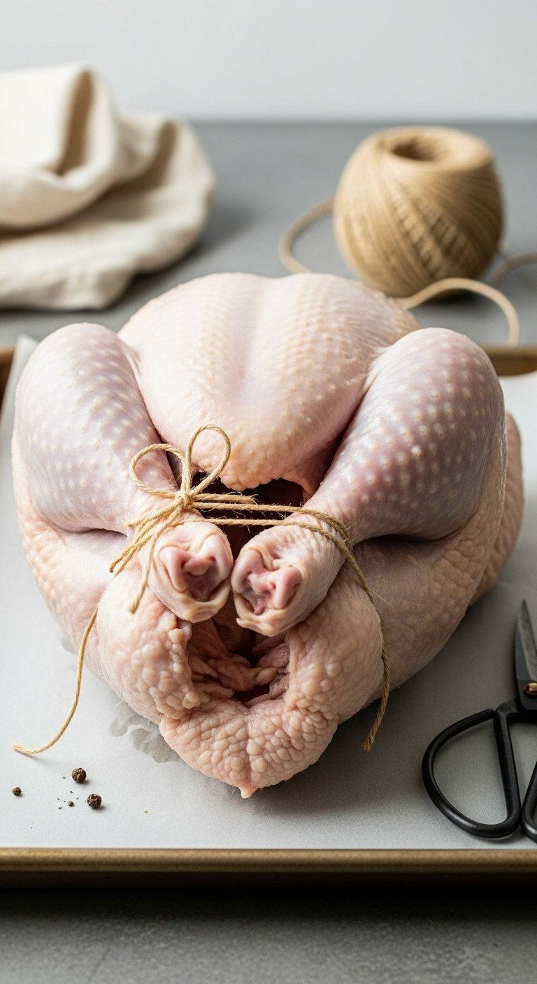 Eye-Level View Of A Raw Trussed Turkey, Neatly Secured With Kitchen Twine For Compact, Even Roasting And Cooking.