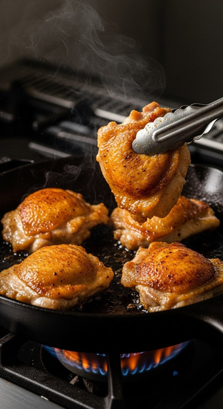 Eye-Level View Of Chicken Thighs Searing In A Cast-Iron Skillet With Tongs And Dramatic Warm Lighting.