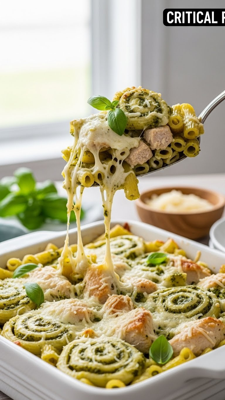 Eye-Level View Of Creamy Chicken Pesto Pasta Bake With Tender Chicken Pieces And Golden-Brown Cheese Crust In White Ceramic Dish.