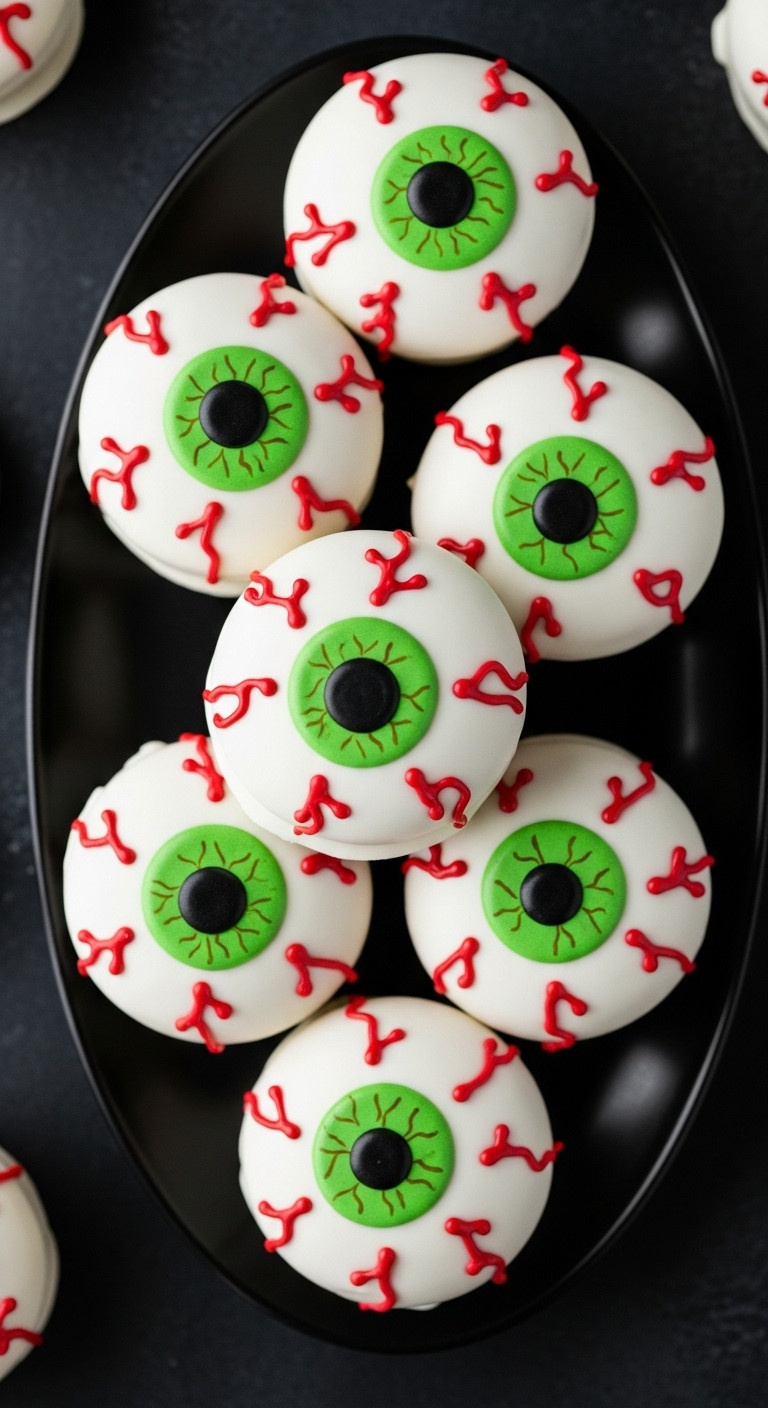 Eyeball Rice Krispie Treats With Green Iris Black Pupil And Red Veins On Spooky Platter