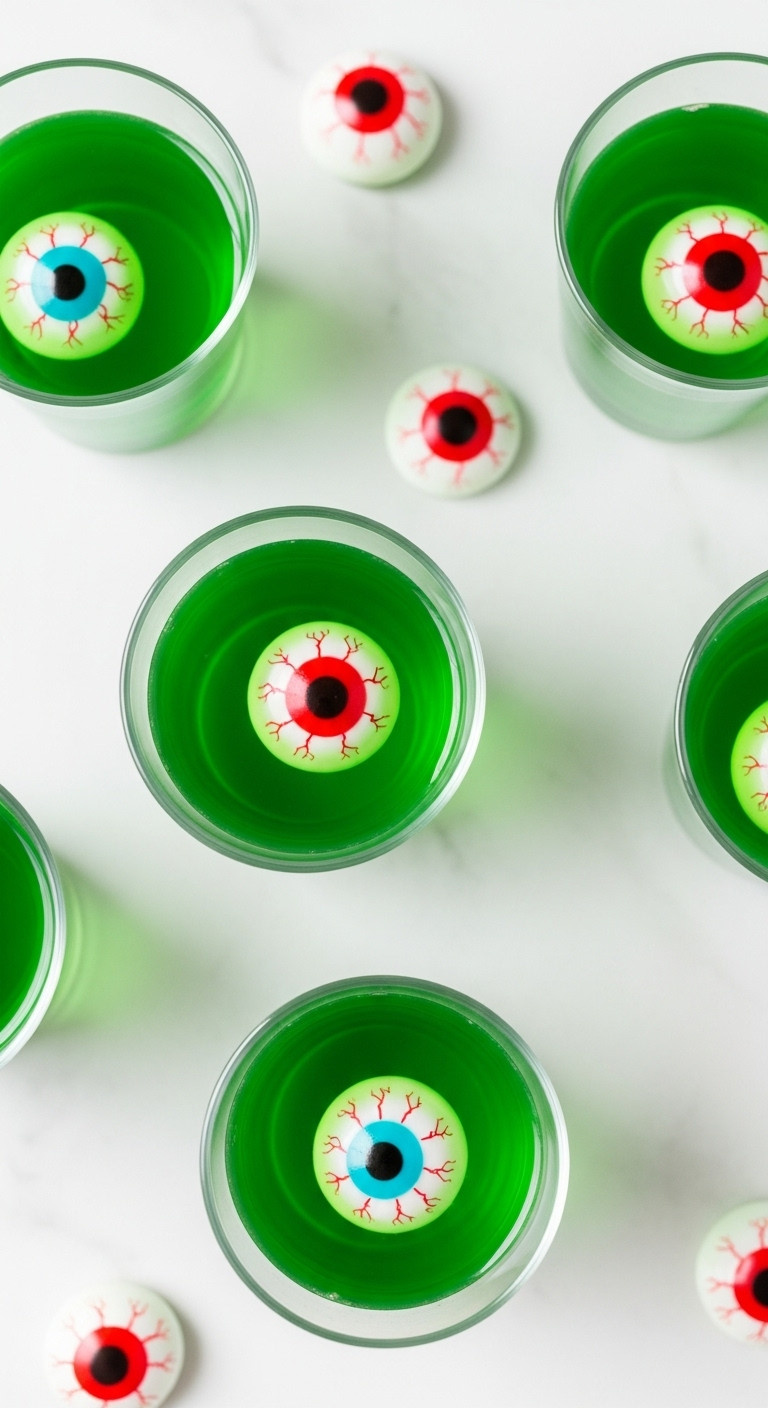 Eyeball Jello Shots With Translucent Green Jello And Realistic Gummy Eyeballs In Clear Cups Perfect For Spooky Party Recipes