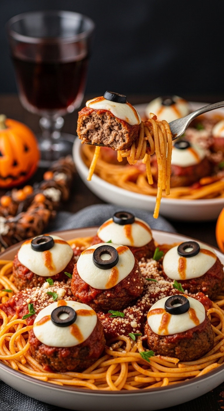 Eyeball Meatball Pasta With Mozzarella And Olive Eyeballs In A Rustic Ceramic Bowl With Marinara Sauce