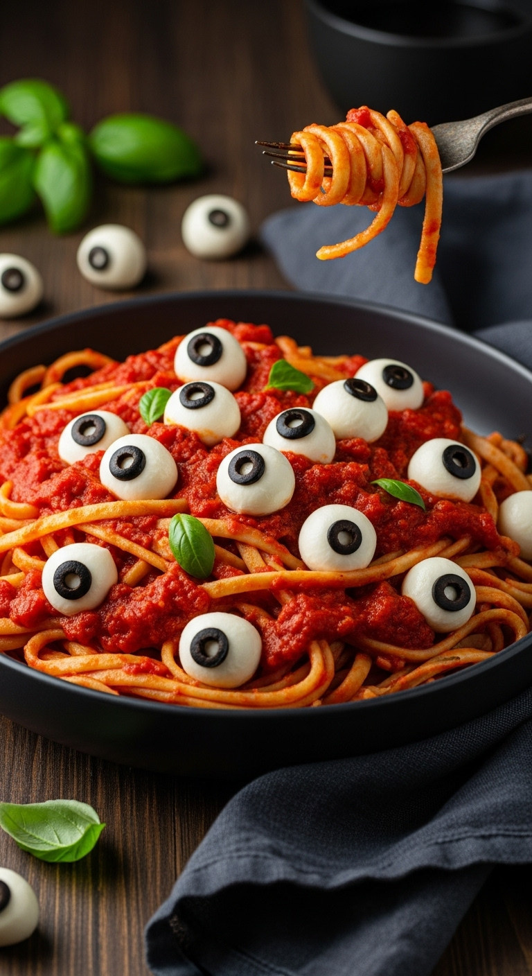 Eyeball Pasta With Bloody Marinara Sauce And Mozzarella-Olive Eyeballs, Served In A Dark Bowl. Spooky Halloween Dinner.
