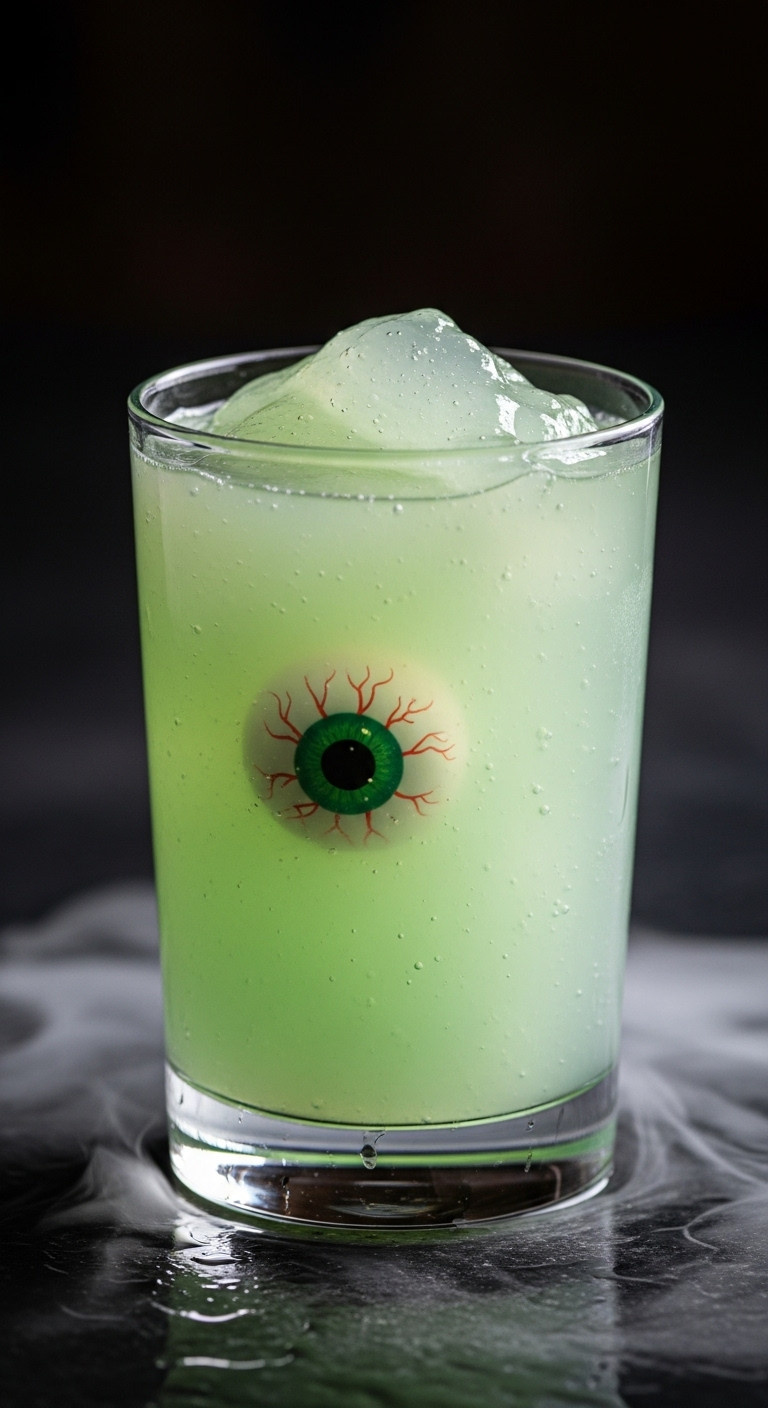 Eyeball Snot-Tail Mocktail With Slimy Pale Green Liquid And A Gummy Eyeball In A Spooky Glass With Dry Ice Perfect For Halloween Recipes
