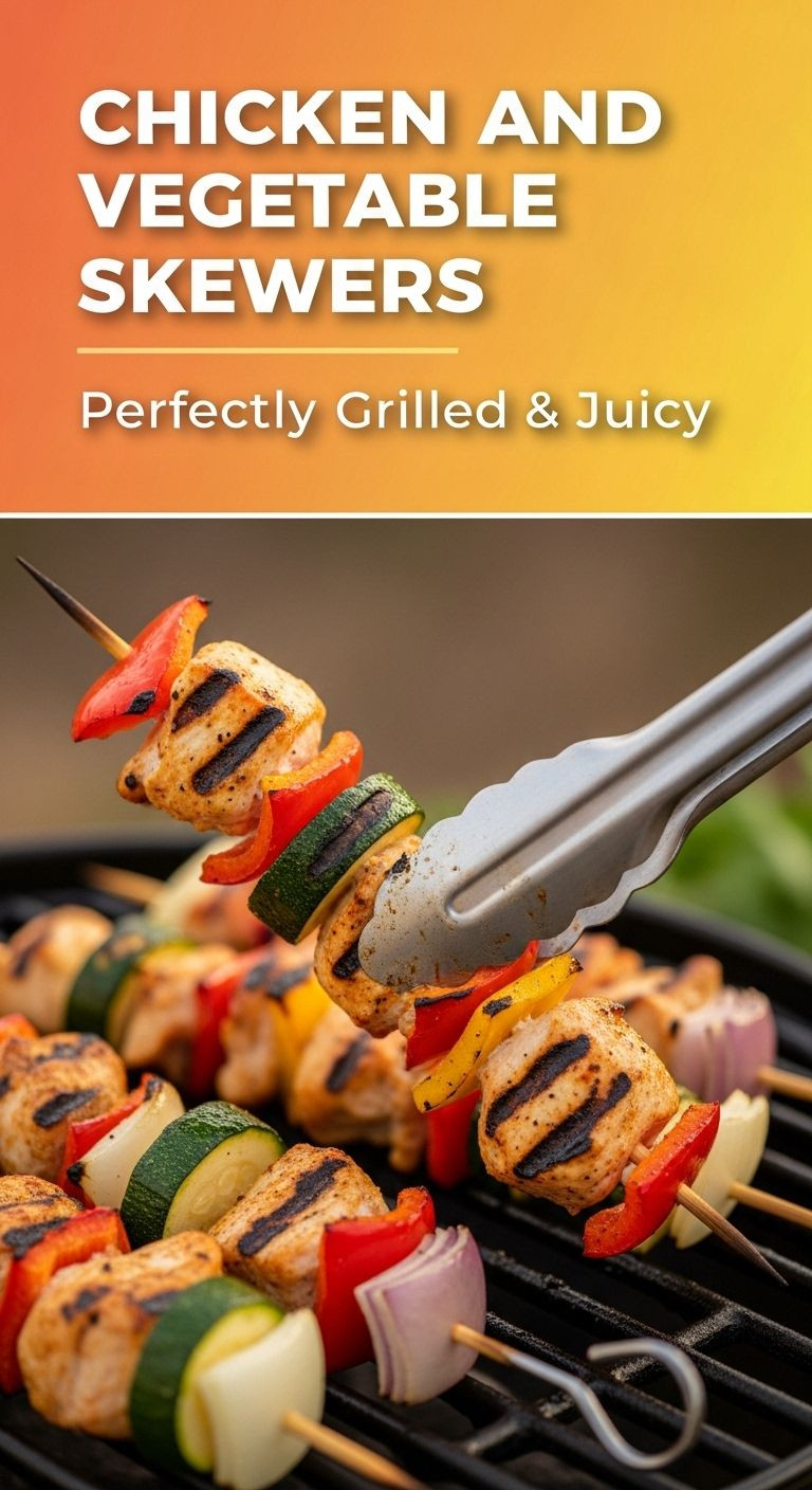 Chicken And Vegetable Skewers With Char Marks On A Grill, With One Skewer Being Lifted By Tongs.