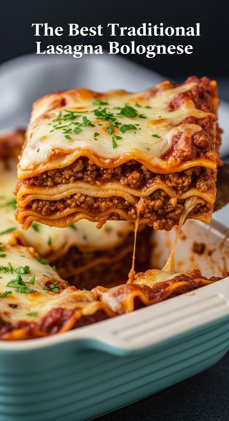 A Close-Up Of A Perfect Slice Of Traditional Lasagna Bolognese Being Lifted From A Ceramic Baking Dish, Revealing Layers Of Pasta, Meat Sauce, And Melted Cheese, Topped With Fresh Parsley.