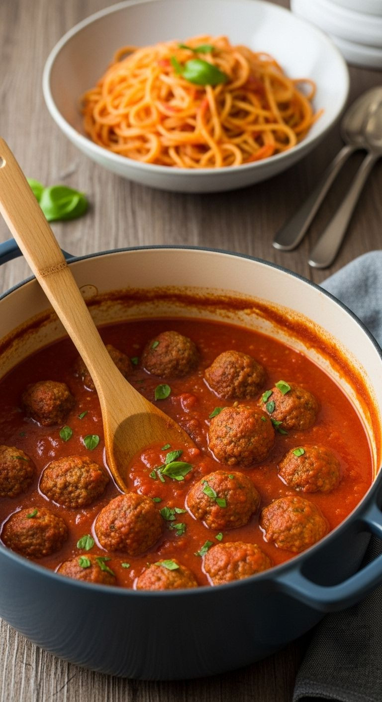 A Rustic Photo Of Nonna's Slow-Simmered Sunday Sauce With Meatballs In A Large Pot With A Wooden Spoon And A Bowl Of Spaghetti In The Background.