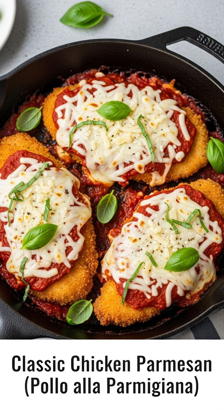 A Mouth-Watering Photograph Of Golden-Brown, Crispy **Chicken Parmesan** In A Cast-Iron Skillet, Topped With Bubbling Melted Mozzarella And Parmesan Cheese, Rich Tomato Sauce, And Fresh Basil Leaves.