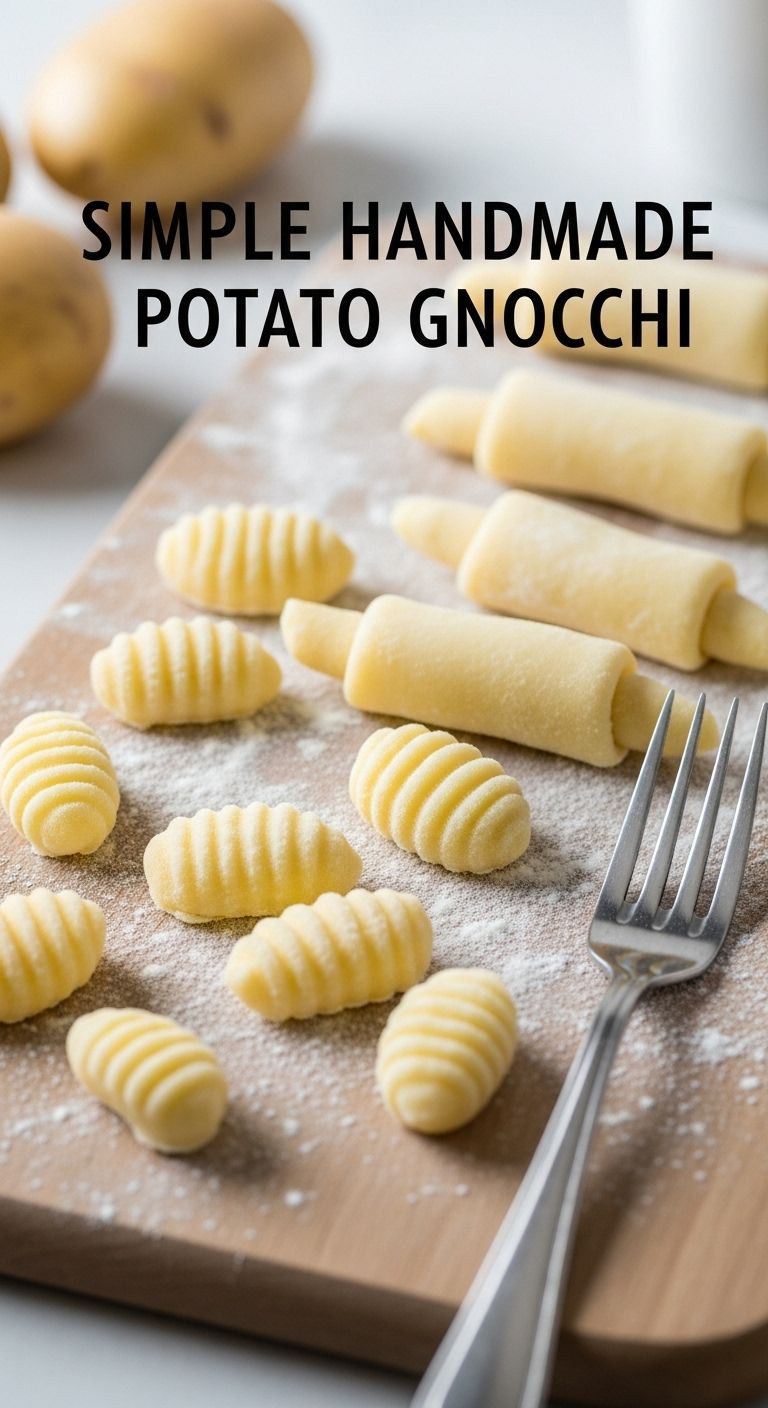 A Bright, Airy Photo Of Freshly Rolled And Cut **Potato Gnocchi** On A Flour-Dusted Wooden Board, With A Ridging Fork And Whole Potatoes In The Background.