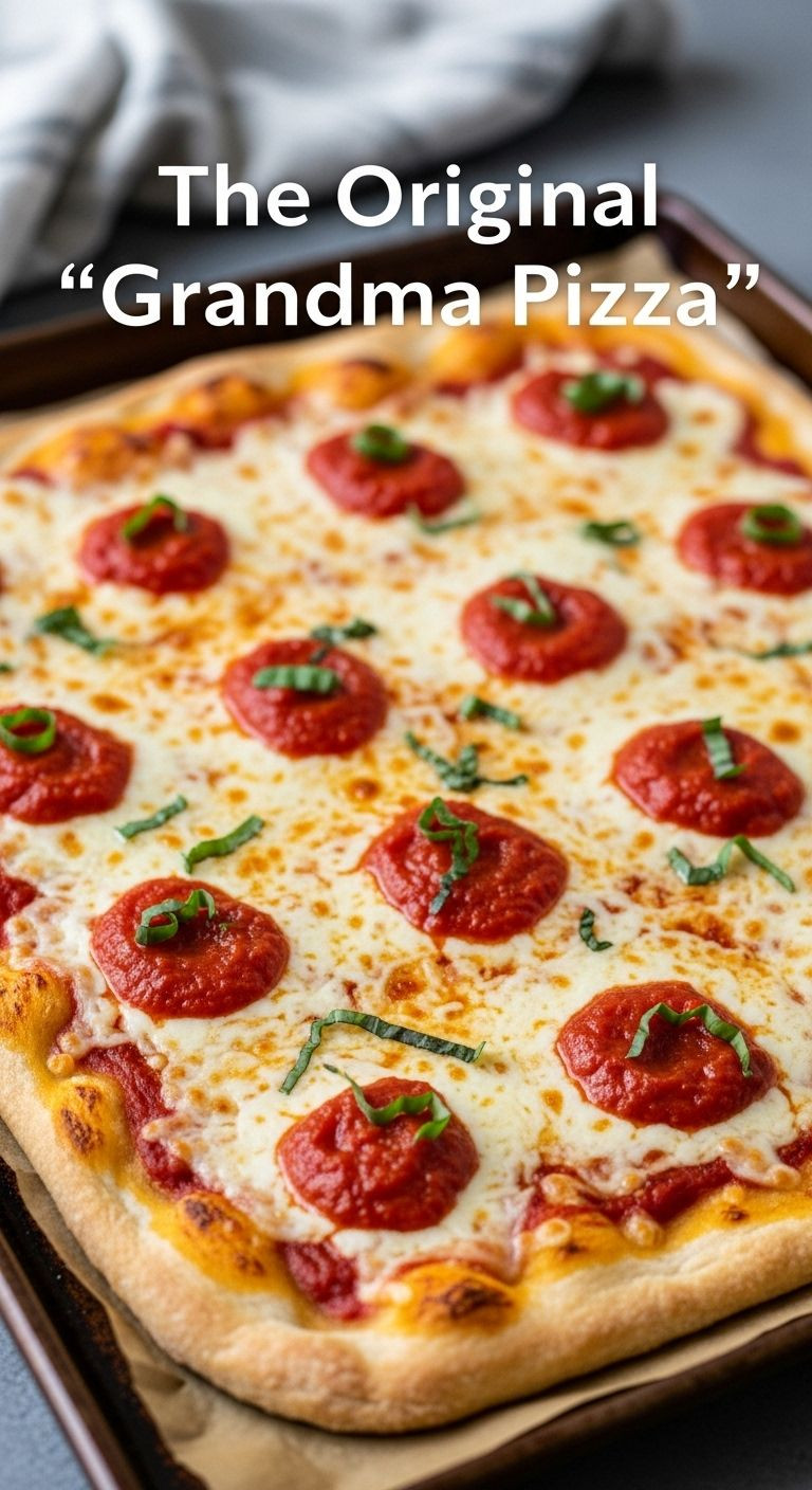 A High-Quality, Wide Shot Of A Full Rectangular Grandma Pizza Fresh From The Oven On A Baking Sheet, Featuring A Golden, Crispy Edge, Melted Cheese, Vibrant Red Tomato Sauce, And Basil Garnish.
