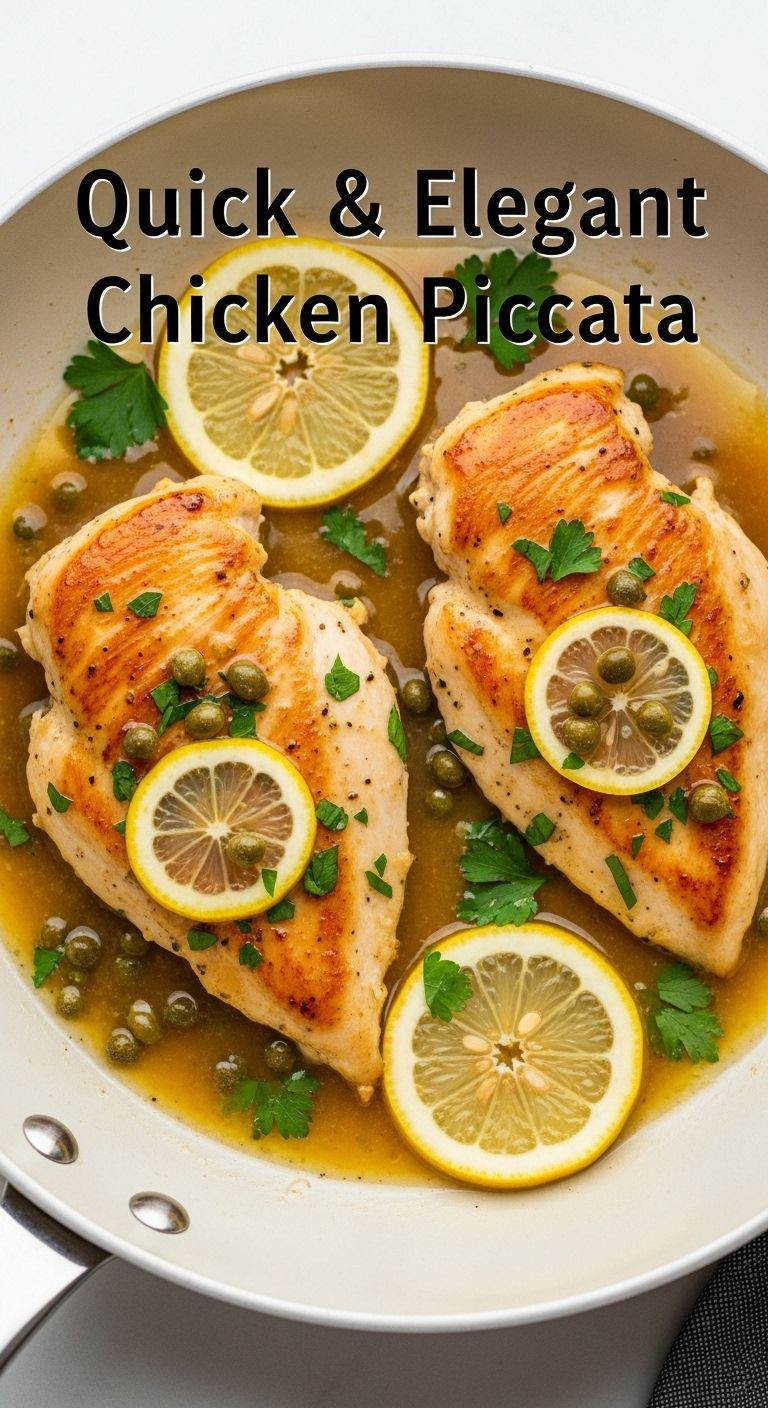 An Elegant Photograph Of Two Pan-Seared Chicken Breasts In A Light-Colored Pan, Glistening With Lemon And Caper Sauce, Garnished With Lemon Slices And Fresh Parsley.