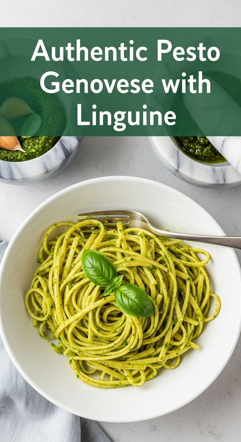 A Vibrant Photo Of Linguine Pasta Tossed In Bright Green Pesto Sauce In A White Bowl, Garnished With A Basil Leaf, With A Marble Mortar And Pestle Nearby.