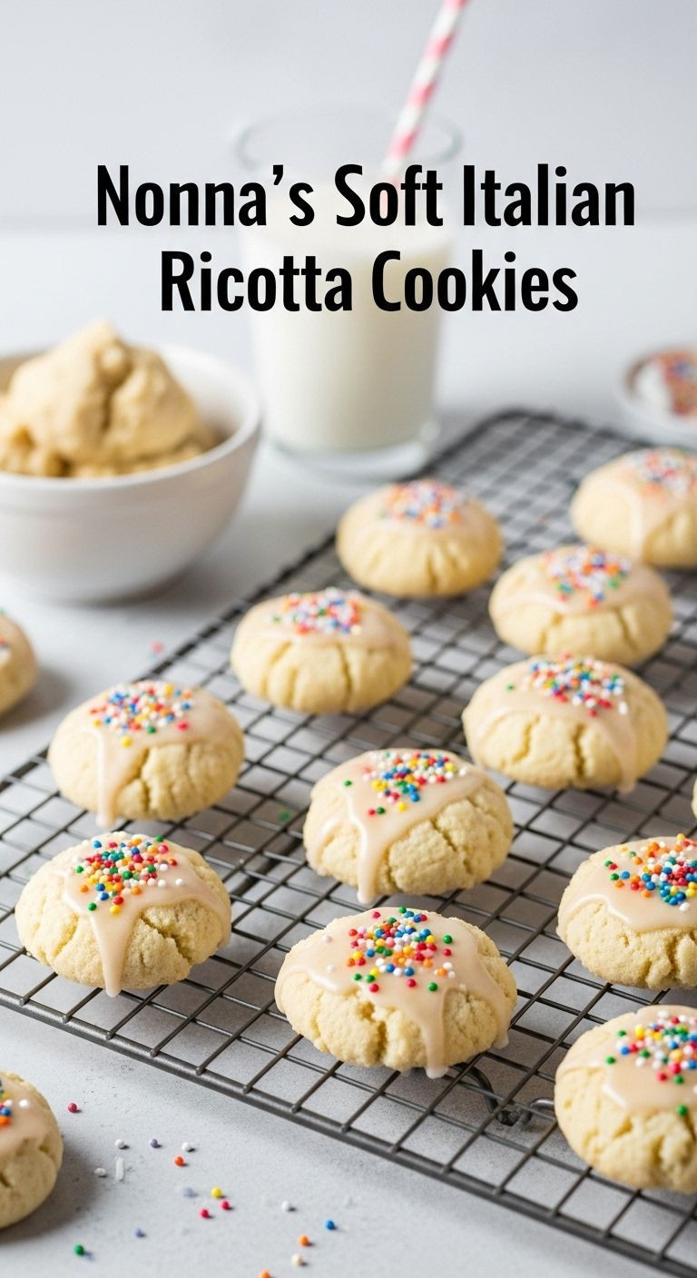 A Charming Photograph Of Soft, Round Ricotta Cookies With A Light Glaze And Colorful Nonpareils On A Wire Cooling Rack, With Cookie Dough And A Glass Of Milk In The Background.