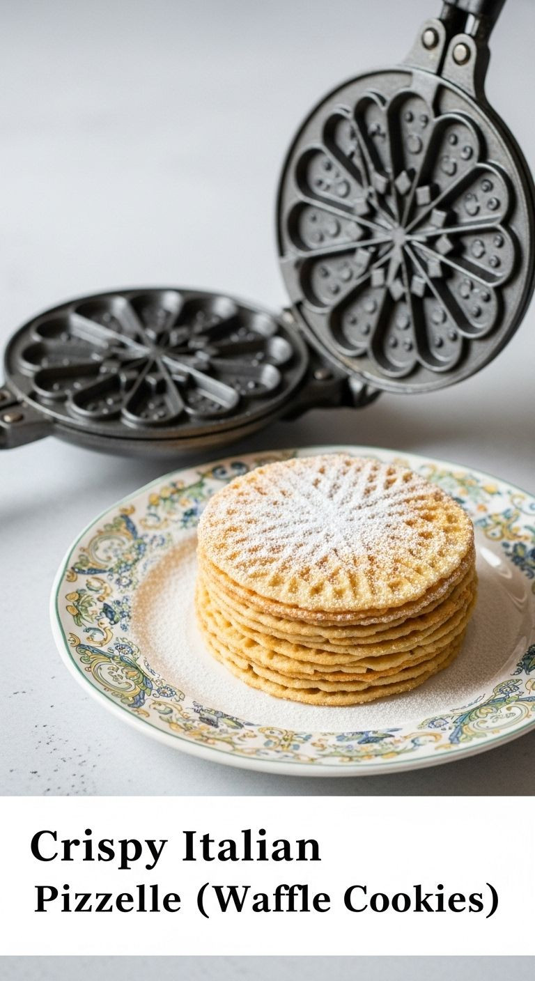 A Bright Photograph Of A Stack Of Thin, Golden Pizzelle Dusted With Powdered Sugar On A Decorative Plate, With A Vintage Pizzelle Iron Open Next To It.