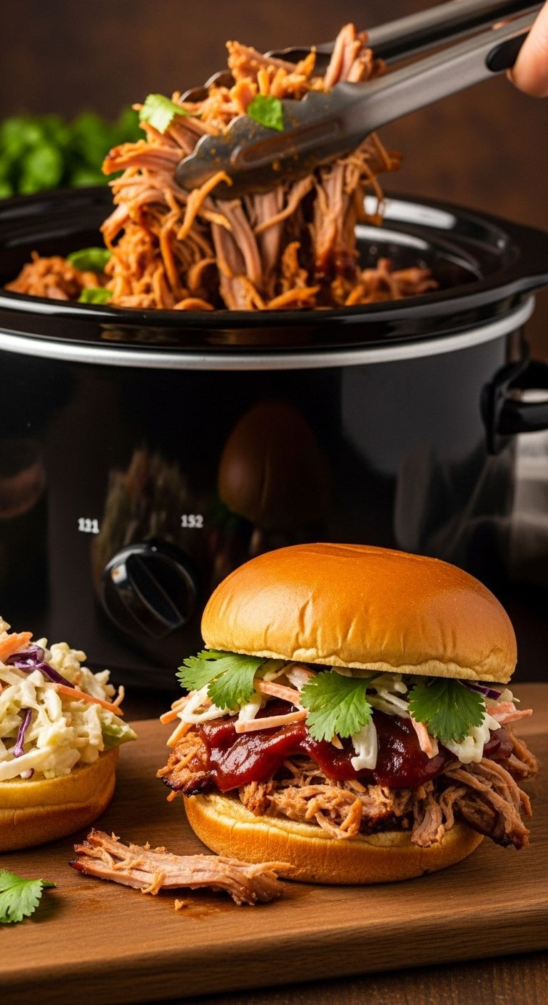 Slow Cooker Pulled Pork Being Shredded With Tongs, With A Ready-To-Eat Sandwich And Coleslaw On A Rustic Wooden Board.