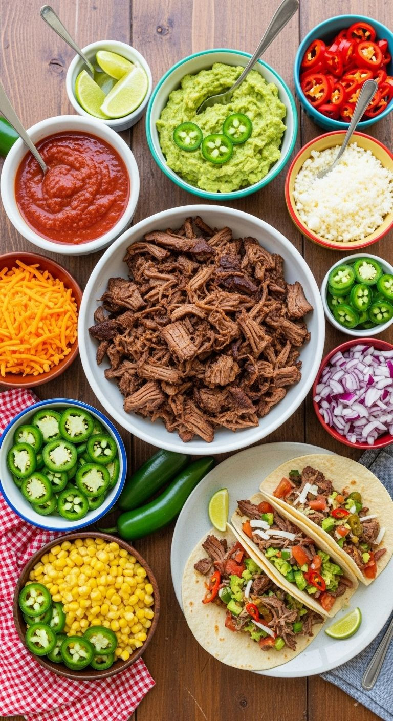 Top-Down Flat Lay Of A Colorful Taco Bar With Shredded Beef, Diverse Toppings, And Assembled Tacos Ready For Serving.