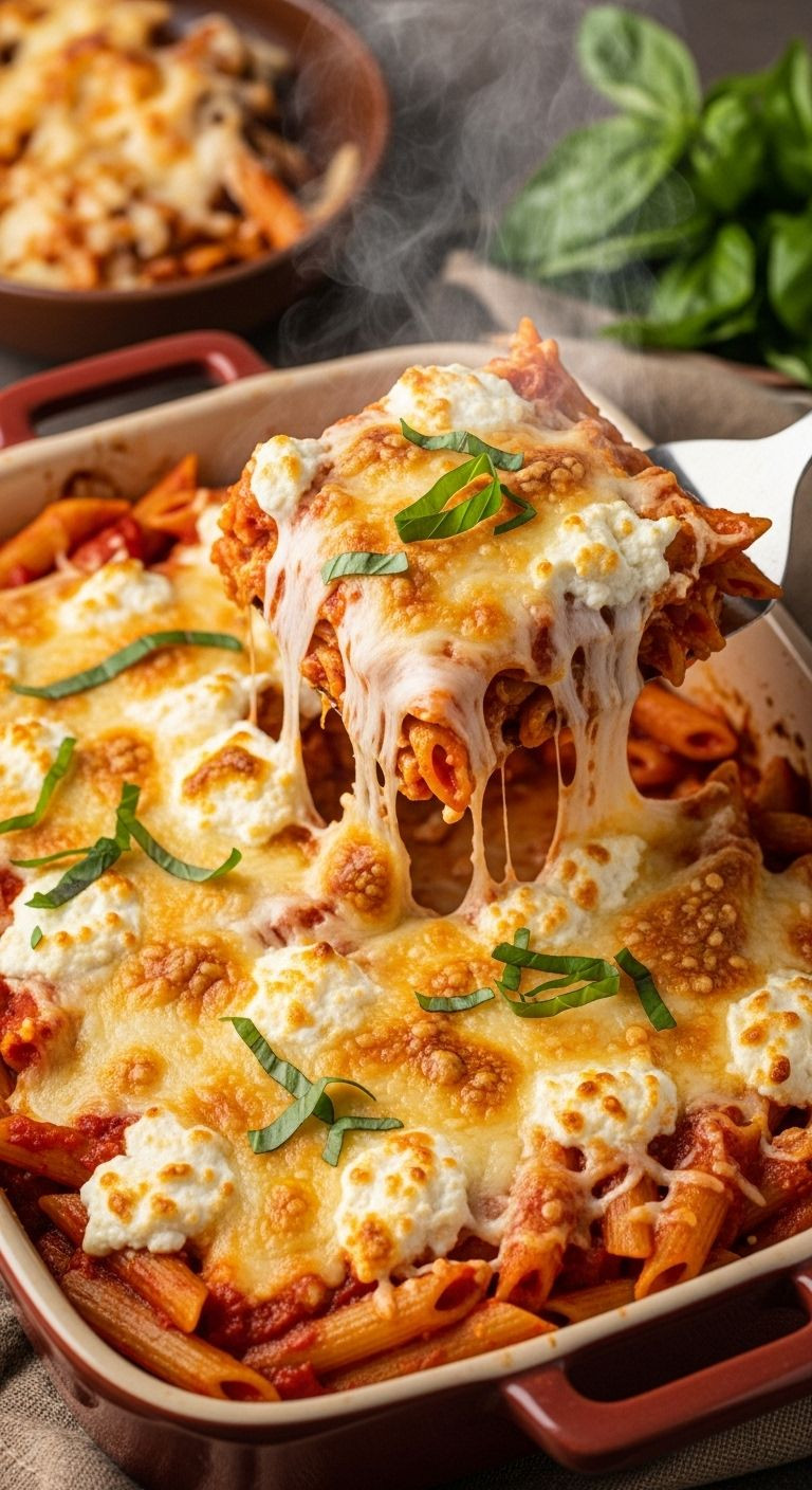 Overhead Shot Of Cheesy Baked Penne Pasta Being Served From A Rustic Dish, Featuring A Rich Tomato Sauce And An Epic Cheese Pull.
