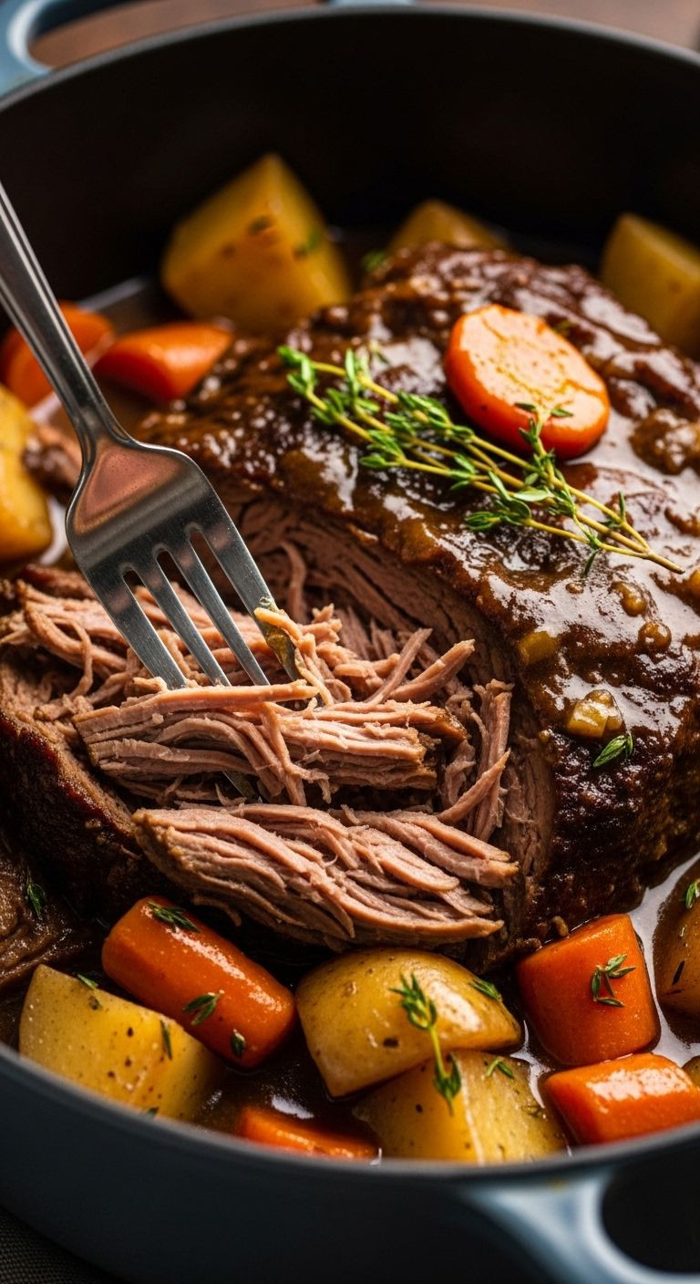 Close-Up Of A Fork Shredding Tender Pot Roast With Carrots And Potatoes In A Dutch Oven, Coated In Rich Gravy And Garnished With Thyme.