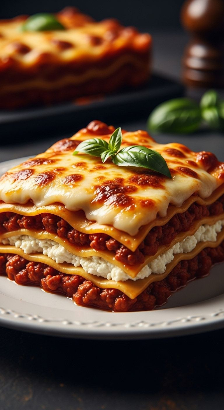 Low-Angle Shot Of A Lasagna Slice On A White Plate, Showcasing Distinct Layers Of Pasta, Meat Sauce, Ricotta, And A Browned, Bubbly Top With Basil.