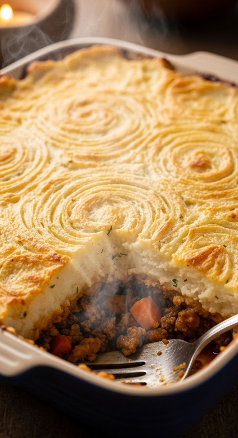 Close-Up Of Golden-Brown Shepherd's Pie In A Casserole Dish, With A Scooped Corner Revealing The Steaming Meat And Vegetable Filling.