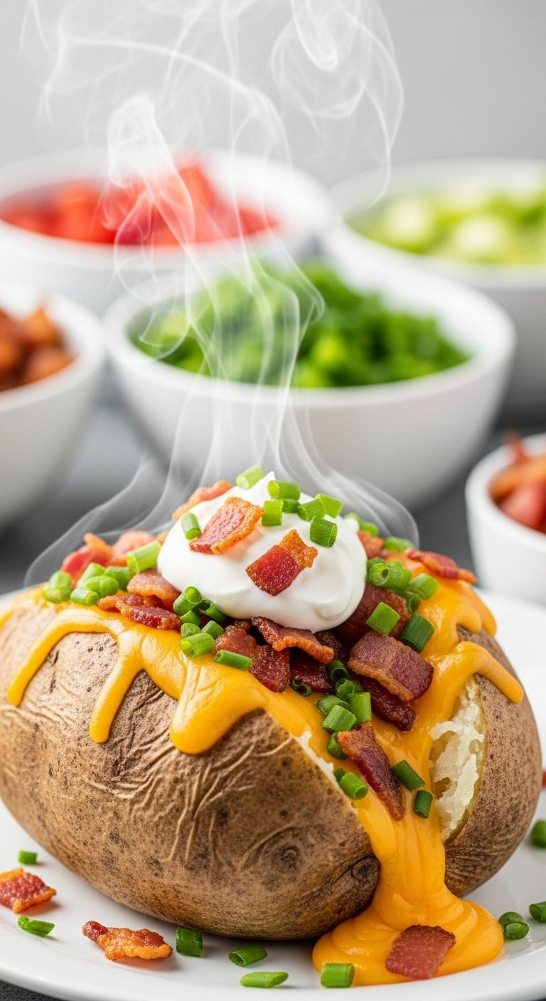 Steaming Baked Potato Loaded With Cheese, Sour Cream, Bacon, And Chives, With Various Toppings Blurred In The Background.