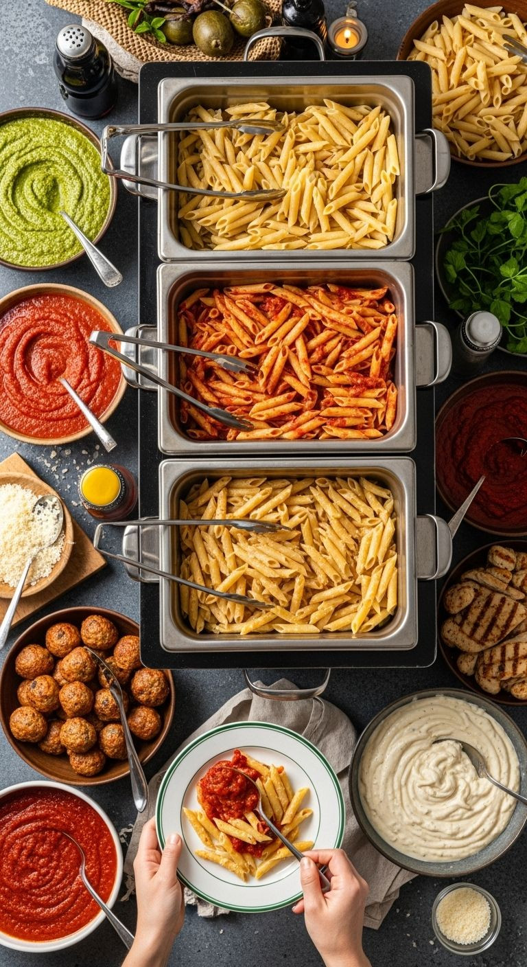Overhead Shot Of A Vibrant Pasta Bar With Warmers, Various Sauces, Meats, Cheese, And A Hand Spooning Marinara Onto Penne.