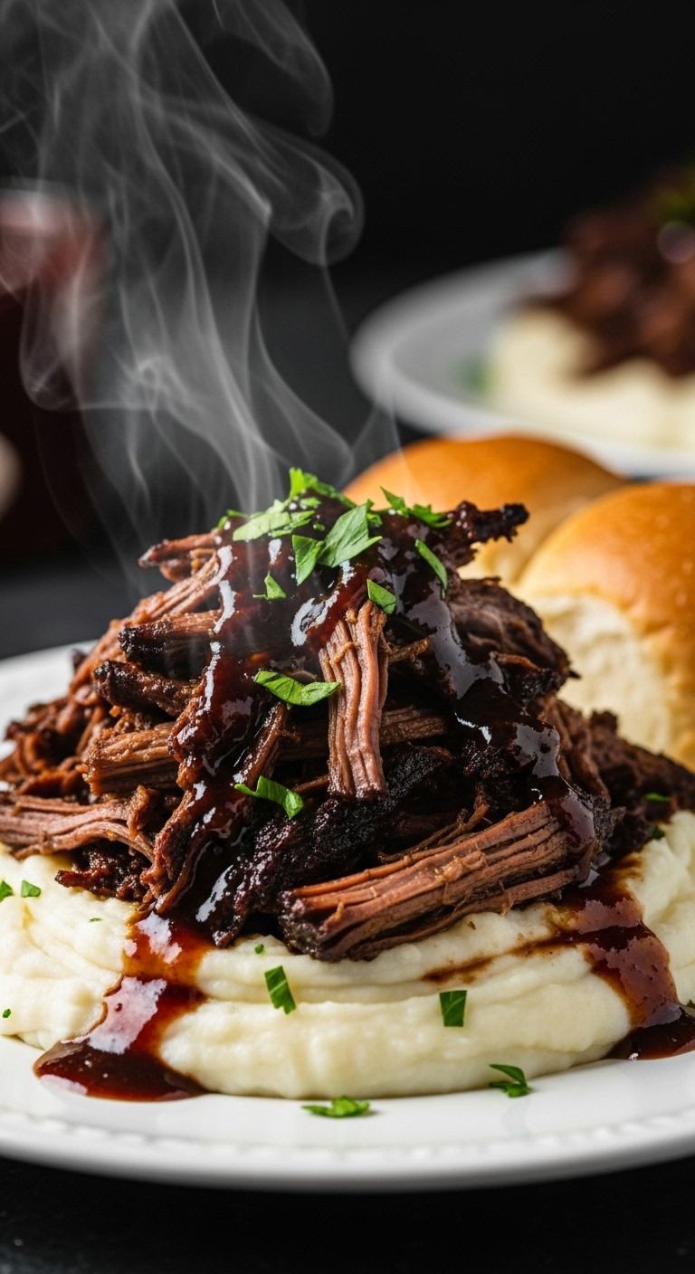 Close-Up Of Tender Balsamic Shredded Beef Piled On Creamy Garlic Mashed Potatoes, Drizzled With Glossy Sauce And Garnished With Parsley.