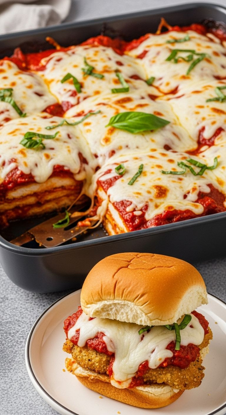 Chicken Parmesan Casserole In A Baking Dish With A Served Portion, And A Chicken Parmesan Slider In The Foreground.