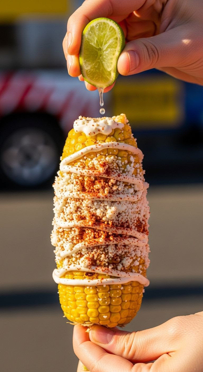 Photorealistic Action Shot Of Hands Holding A Perfectly Grilled Elote Generously Slathered With Mayonnaise, Cotija Cheese, Chili Powder, And A Squeezed Lime, Capturing A Bright, Casual Street Food Atmosphere.
